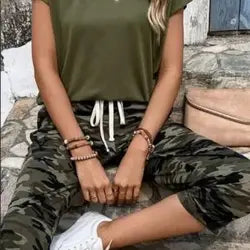 Summer Solid Color Round Neck Short Sleeve T-Shirt And Leopard Print Casual Pants Two Piece Set For Women Aroundtheworldinarush