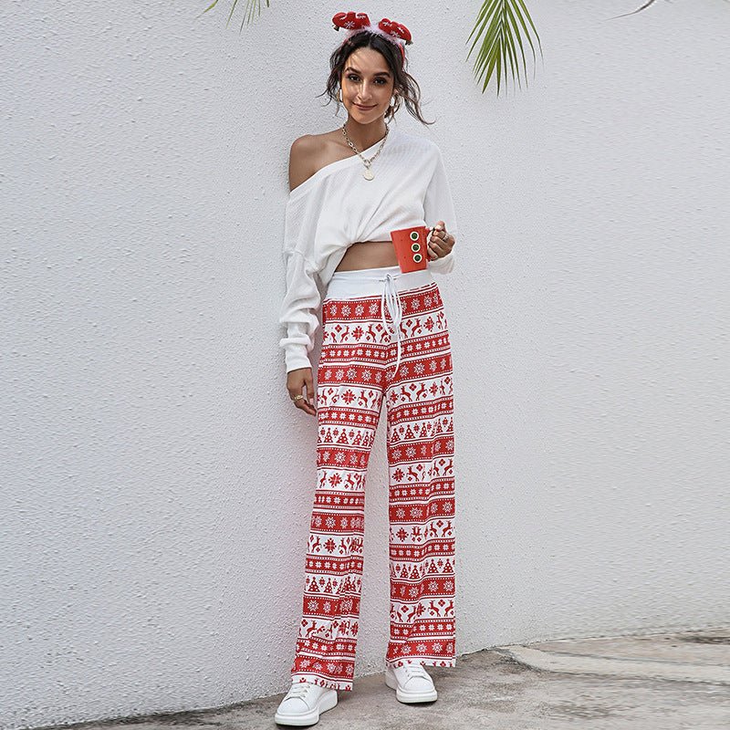Christmas Print Pants Women Fashion Casual Drawstring Trousers With Christmas Snowflake Tree Elk Print – travel - inspired 4 by Aroundtheworldinarush