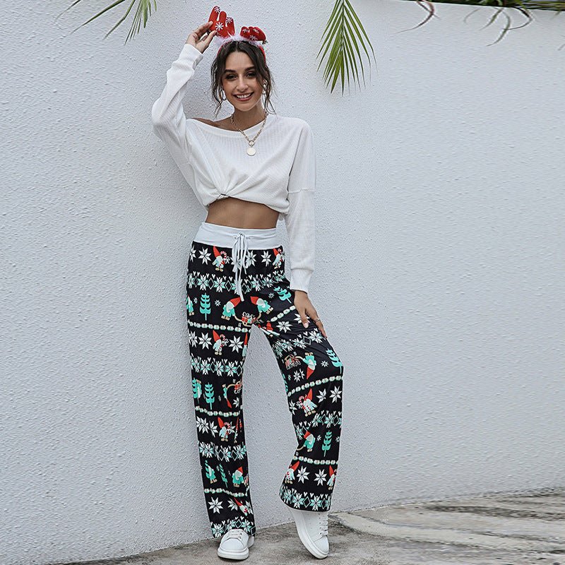 Christmas Print Pants Women Fashion Casual Drawstring Trousers With Christmas Snowflake Tree Elk Print – travel - inspired 4 by Aroundtheworldinarush