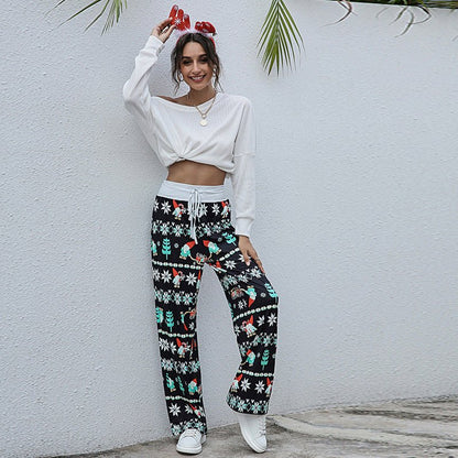 Christmas Print Pants Women Fashion Casual Drawstring Trousers With Christmas Snowflake Tree Elk Print – travel - inspired 4 by Aroundtheworldinarush