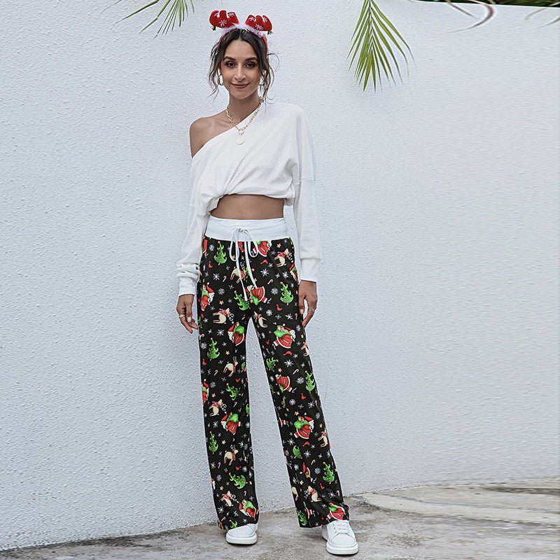 Christmas Print Pants Women Fashion Casual Drawstring Trousers With Christmas Snowflake Tree Elk Print – travel - inspired 4 by Aroundtheworldinarush