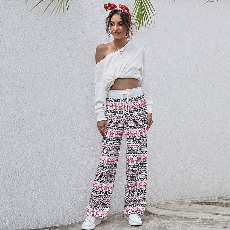 Christmas Print Pants Women Fashion Casual Drawstring Trousers With Christmas Snowflake Tree Elk Print – travel - inspired 4 by Aroundtheworldinarush