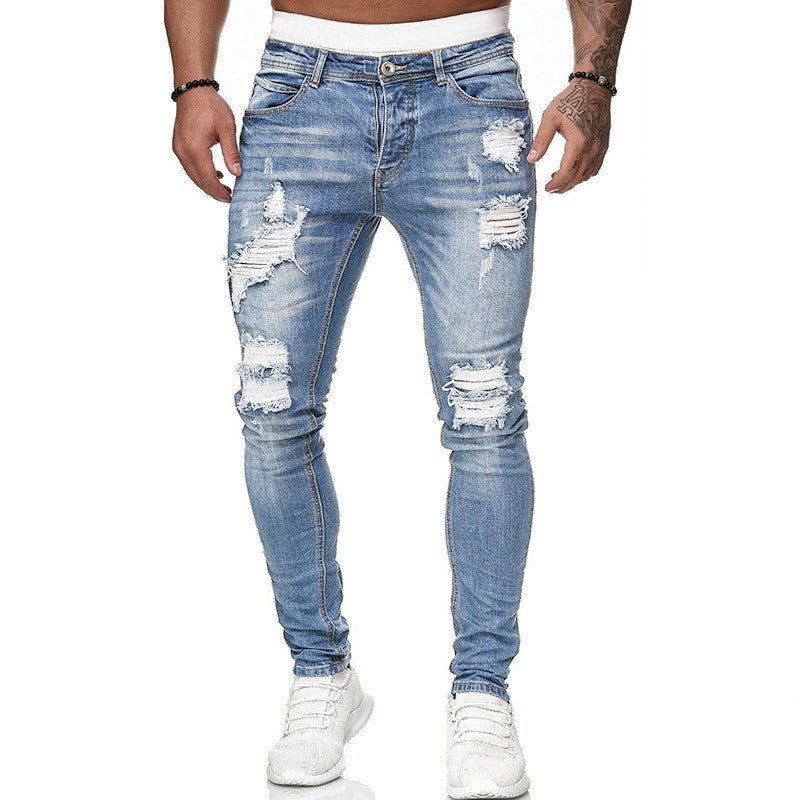 Fashion Street Style Ripped Skinny Jeans Men Vintage Wash Solid Denim Trouser Mens Casual Slim Fit Pencil Denim Pants – travel - inspired 0 by Aroundtheworldinarush