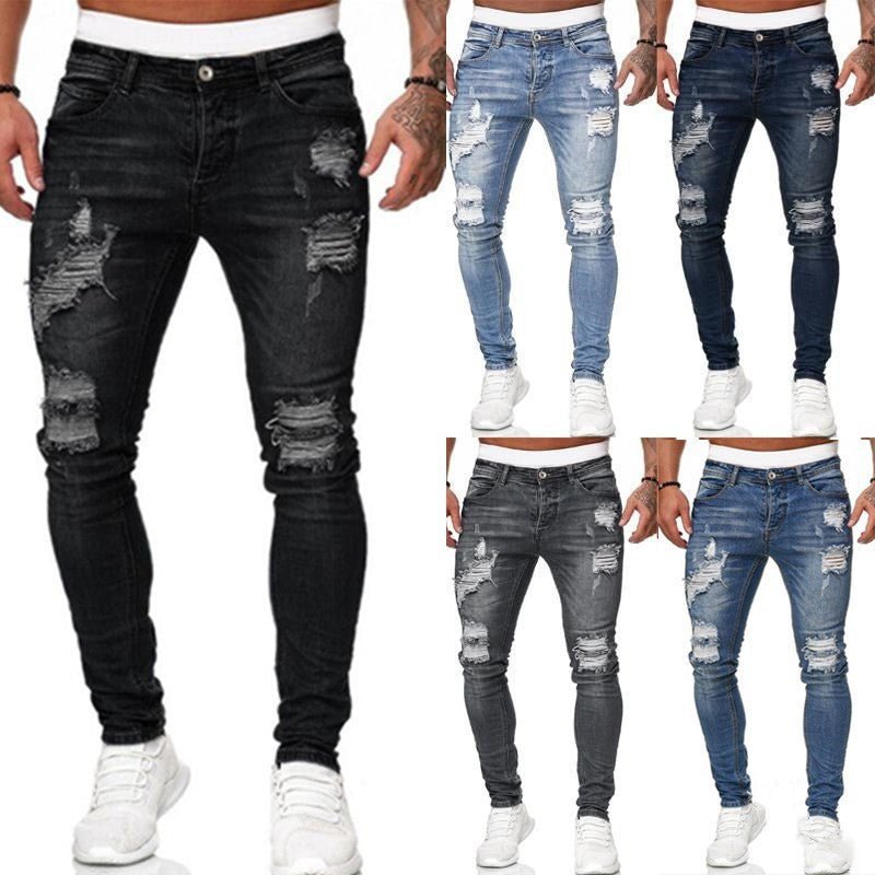 Fashion Street Style Ripped Skinny Jeans Men Vintage Wash Solid Denim Trouser Mens Casual Slim Fit Pencil Denim Pants – travel - inspired 0 by Aroundtheworldinarush