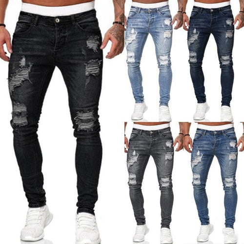 Fashion Street Style Ripped Skinny Jeans Men Vintage Wash Solid Denim Trouser Mens Casual Slim Fit Pencil Denim Pants – travel - inspired 0 by Aroundtheworldinarush