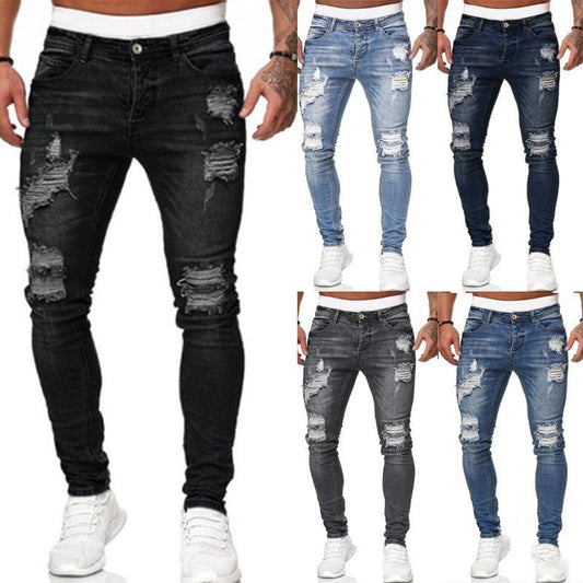 Fashion Street Style Ripped Skinny Jeans Men Vintage Wash Solid Denim Trouser Mens Casual Slim Fit Pencil Denim Pants – travel - inspired 0 by Aroundtheworldinarush