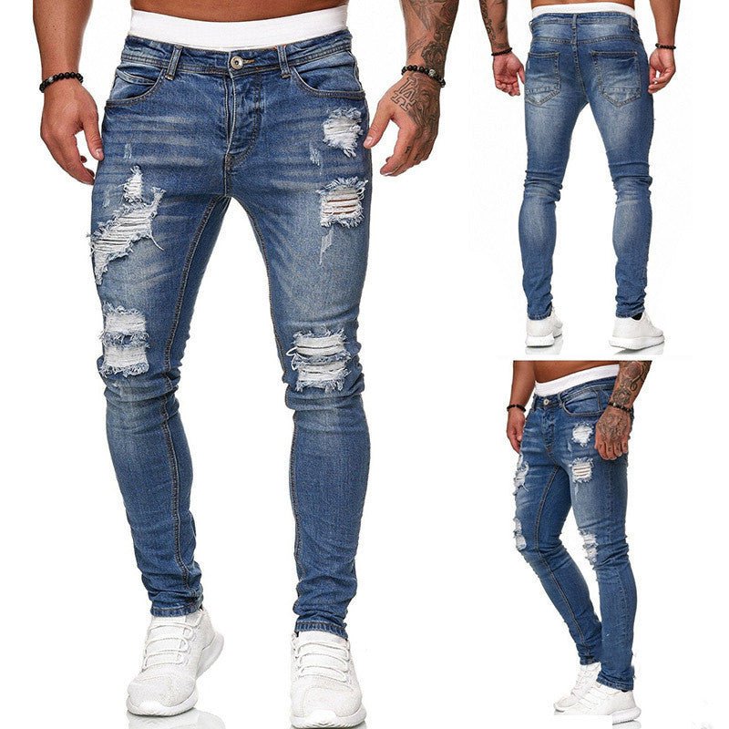 Fashion Street Style Ripped Skinny Jeans Men Vintage Wash Solid Denim Trouser Mens Casual Slim Fit Pencil Denim Pants – travel - inspired 0 by Aroundtheworldinarush