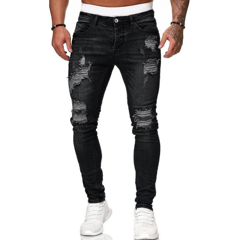 Fashion Street Style Ripped Skinny Jeans Men Vintage Wash Solid Denim Trouser Mens Casual Slim Fit Pencil Denim Pants – travel - inspired 0 by Aroundtheworldinarush