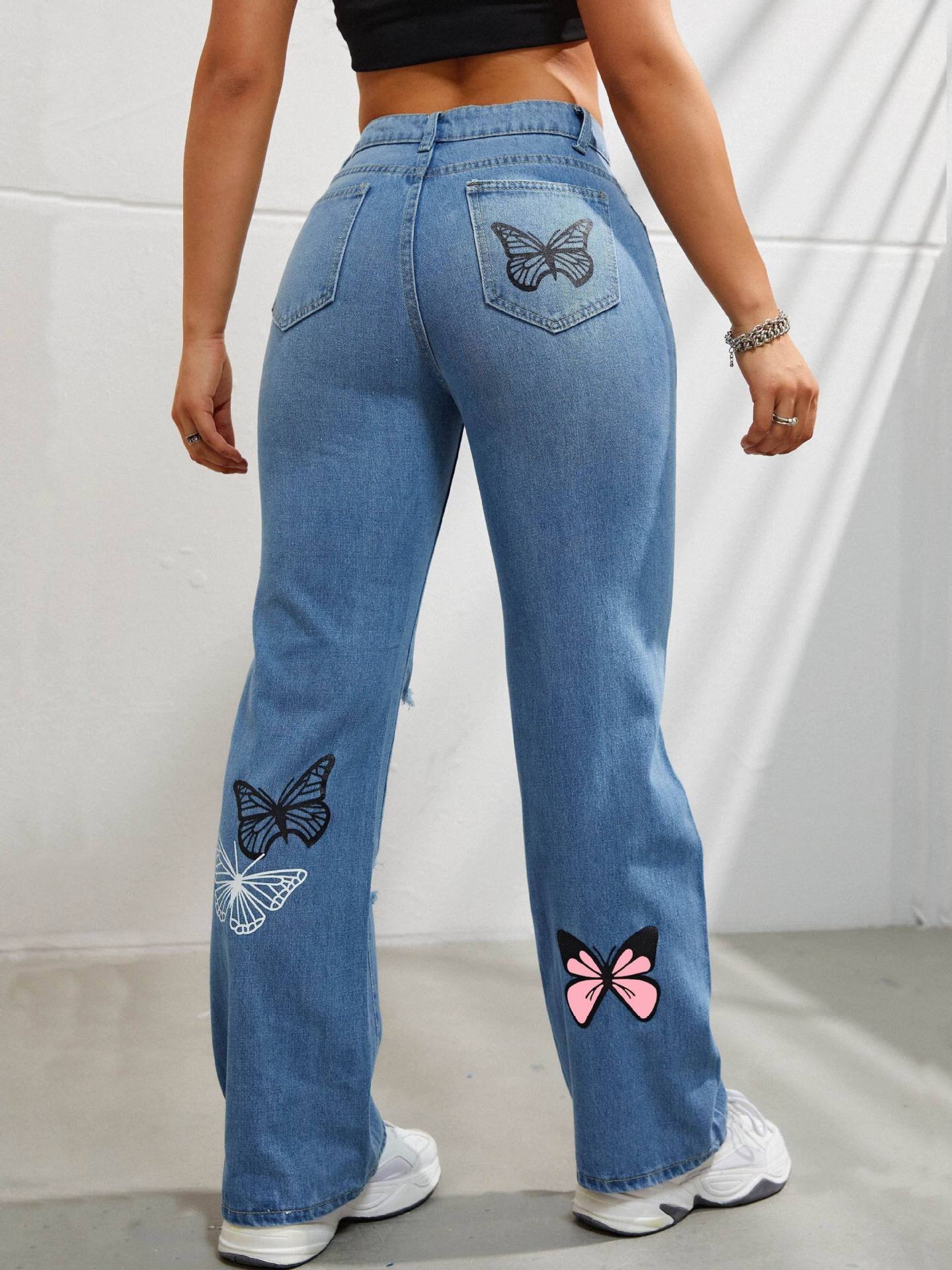 High Waisted Straight Leg Jeans For Women Trendy Butterfly Print Ripped Distressed Denim Pants – travel - inspired 0 by Aroundtheworldinarush