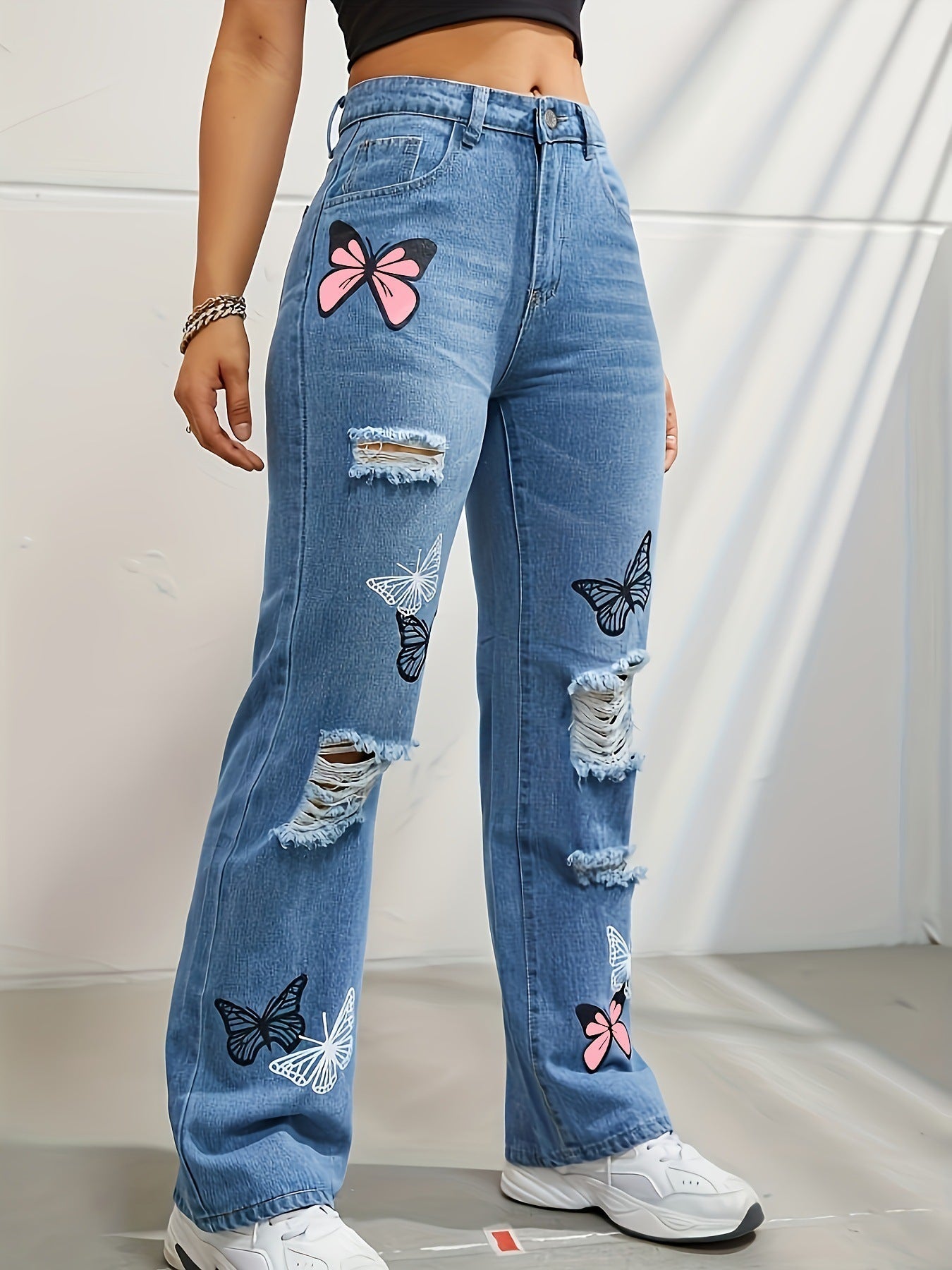High Waisted Straight Leg Jeans For Women Trendy Butterfly Print Ripped Distressed Denim Pants – travel - inspired 0 by Aroundtheworldinarush