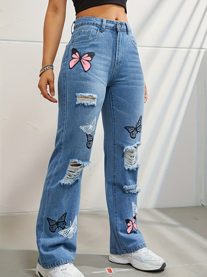 High Waisted Straight Leg Jeans For Women Trendy Butterfly Print Ripped Distressed Denim Pants – travel - inspired 0 by Aroundtheworldinarush
