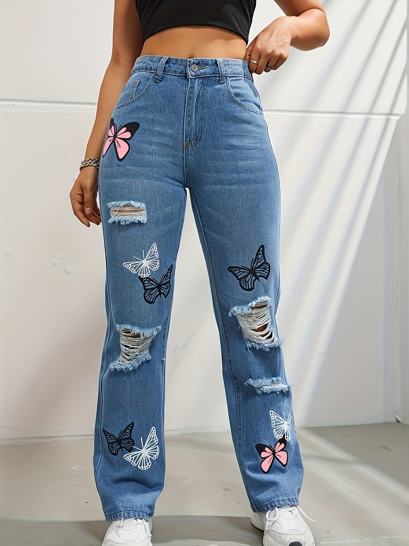 High Waisted Straight Leg Jeans For Women Trendy Butterfly Print Ripped Distressed Denim Pants – travel - inspired 0 by Aroundtheworldinarush