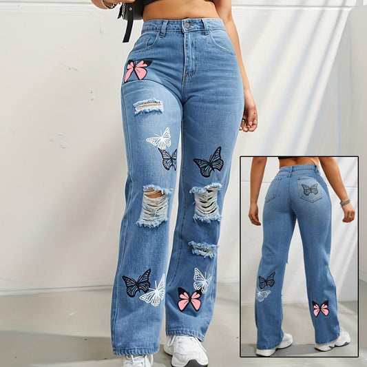 High Waisted Straight Leg Jeans For Women Trendy Butterfly Print Ripped Distressed Denim Pants – travel - inspired 0 by Aroundtheworldinarush