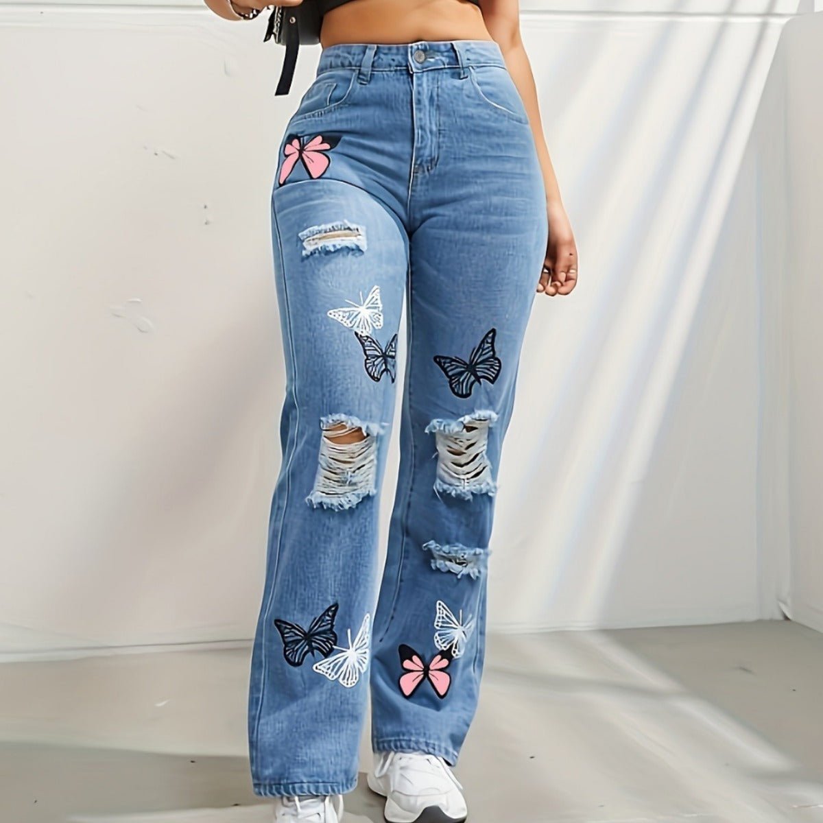 High Waisted Straight Leg Jeans For Women Trendy Butterfly Print Ripped Distressed Denim Pants – travel - inspired 0 by Aroundtheworldinarush