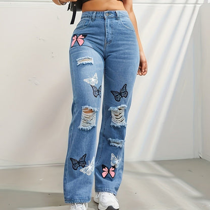 High Waisted Straight Leg Jeans For Women Trendy Butterfly Print Ripped Distressed Denim Pants – travel - inspired 0 by Aroundtheworldinarush