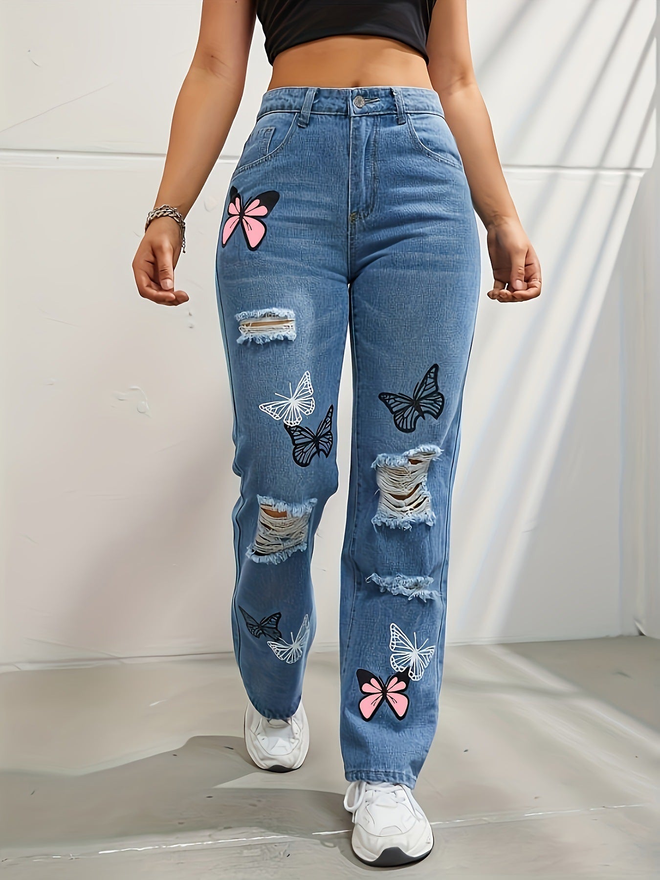 High Waisted Straight Leg Jeans For Women Trendy Butterfly Print Ripped Distressed Denim Pants – travel - inspired 0 by Aroundtheworldinarush