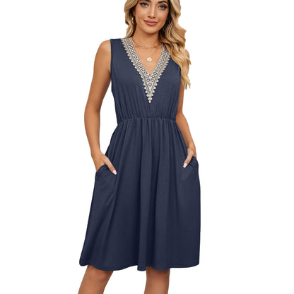 Lace Panel Sleeveless Dresss With Pocket V - neck Dresses For Women – travel - inspired 0 by Aroundtheworldinarush