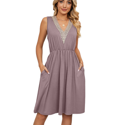 Lace Panel Sleeveless Dresss With Pocket V - neck Dresses For Women – travel - inspired 0 by Aroundtheworldinarush
