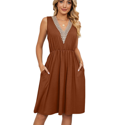 Lace Panel Sleeveless Dresss With Pocket V - neck Dresses For Women – travel - inspired 0 by Aroundtheworldinarush