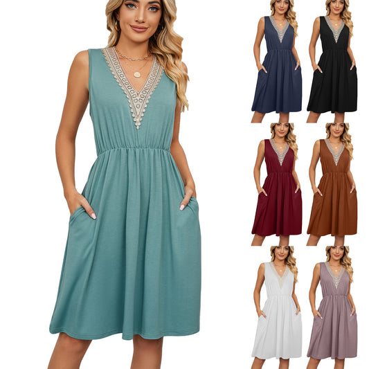Lace Panel Sleeveless Dresss With Pocket V - neck Dresses For Women – travel - inspired 0 by Aroundtheworldinarush