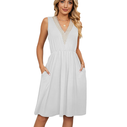 Lace Panel Sleeveless Dresss With Pocket V - neck Dresses For Women – travel - inspired 0 by Aroundtheworldinarush