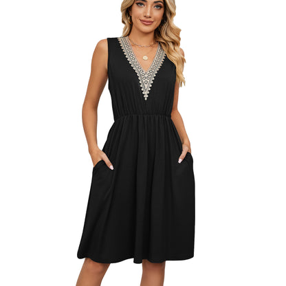 Lace Panel Sleeveless Dresss With Pocket V - neck Dresses For Women – travel - inspired 0 by Aroundtheworldinarush