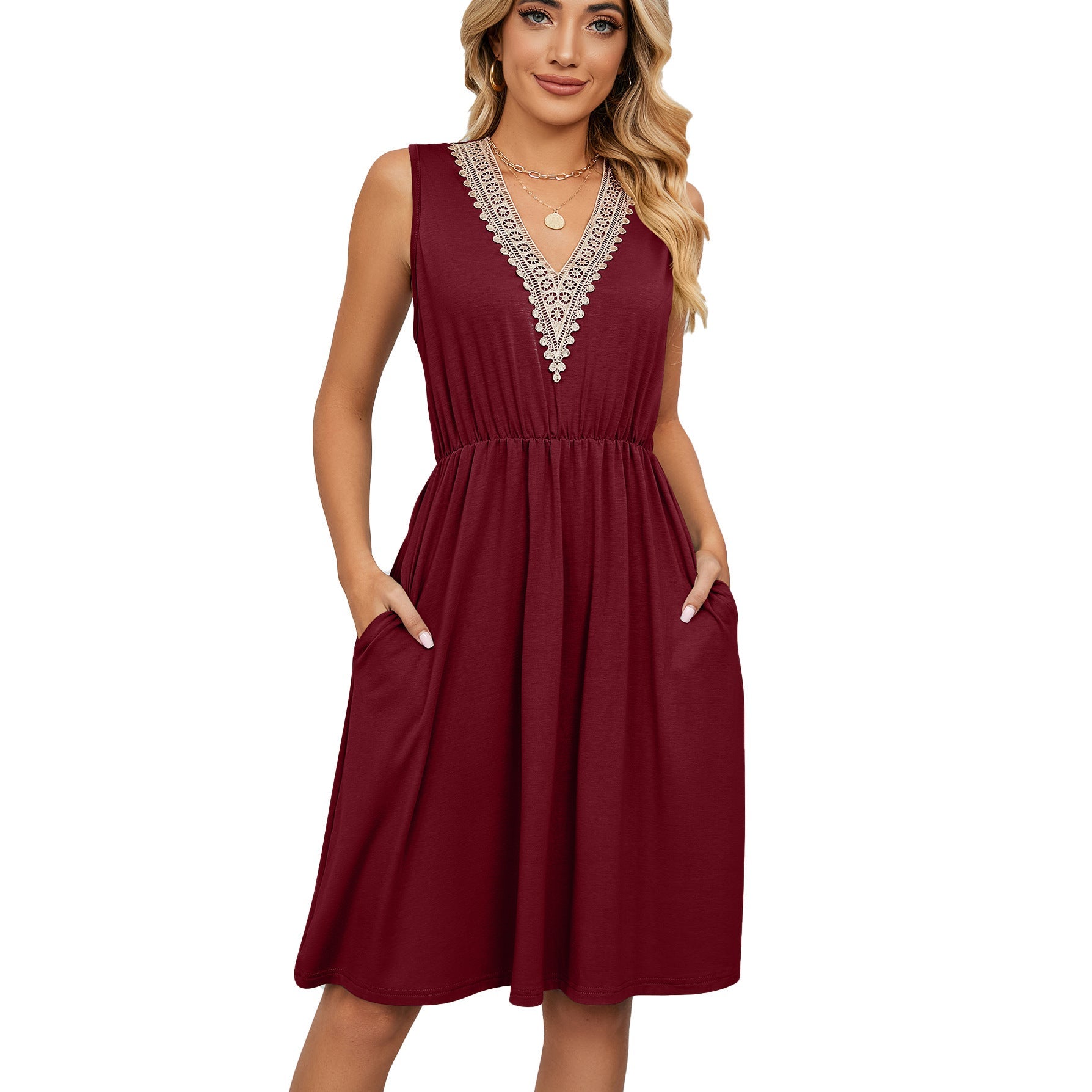 Lace Panel Sleeveless Dresss With Pocket V - neck Dresses For Women – travel - inspired 0 by Aroundtheworldinarush
