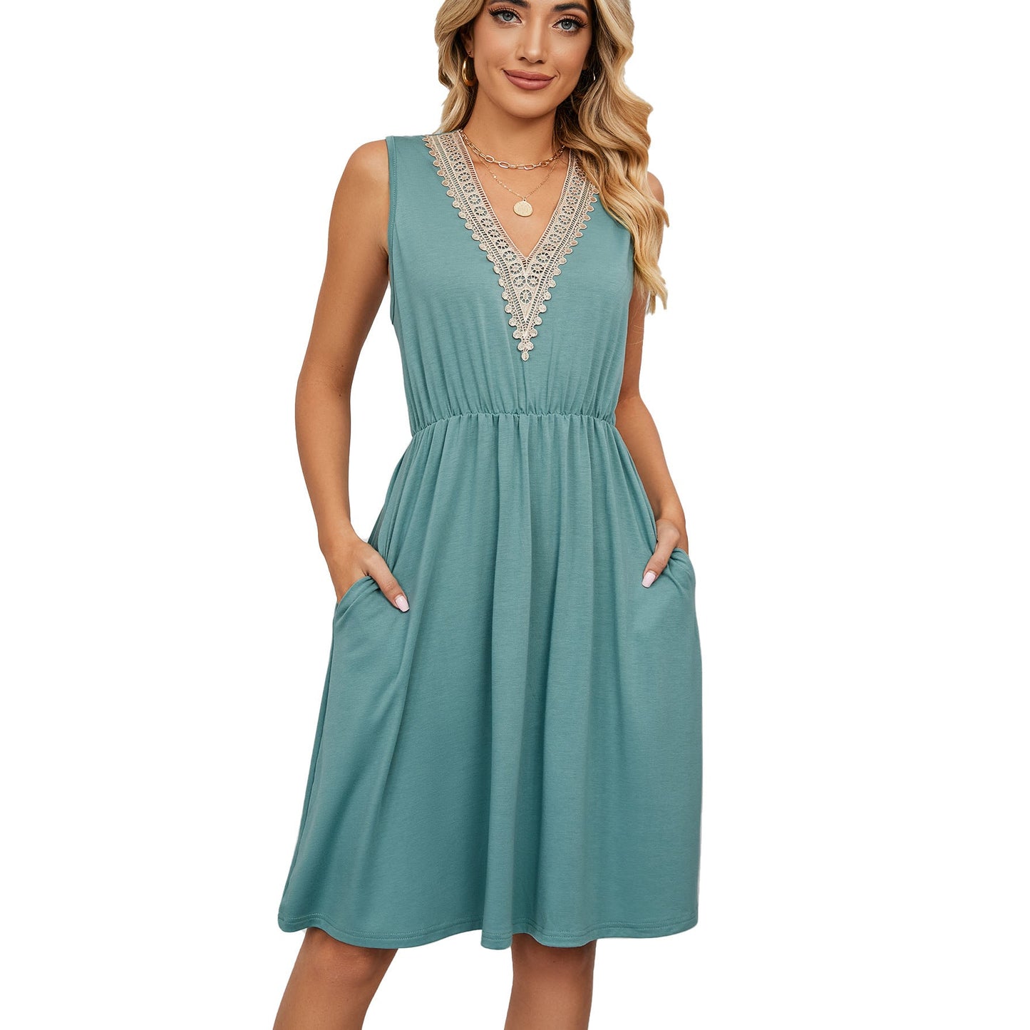 Lace Panel Sleeveless Dresss With Pocket V - neck Dresses For Women – travel - inspired 0 by Aroundtheworldinarush