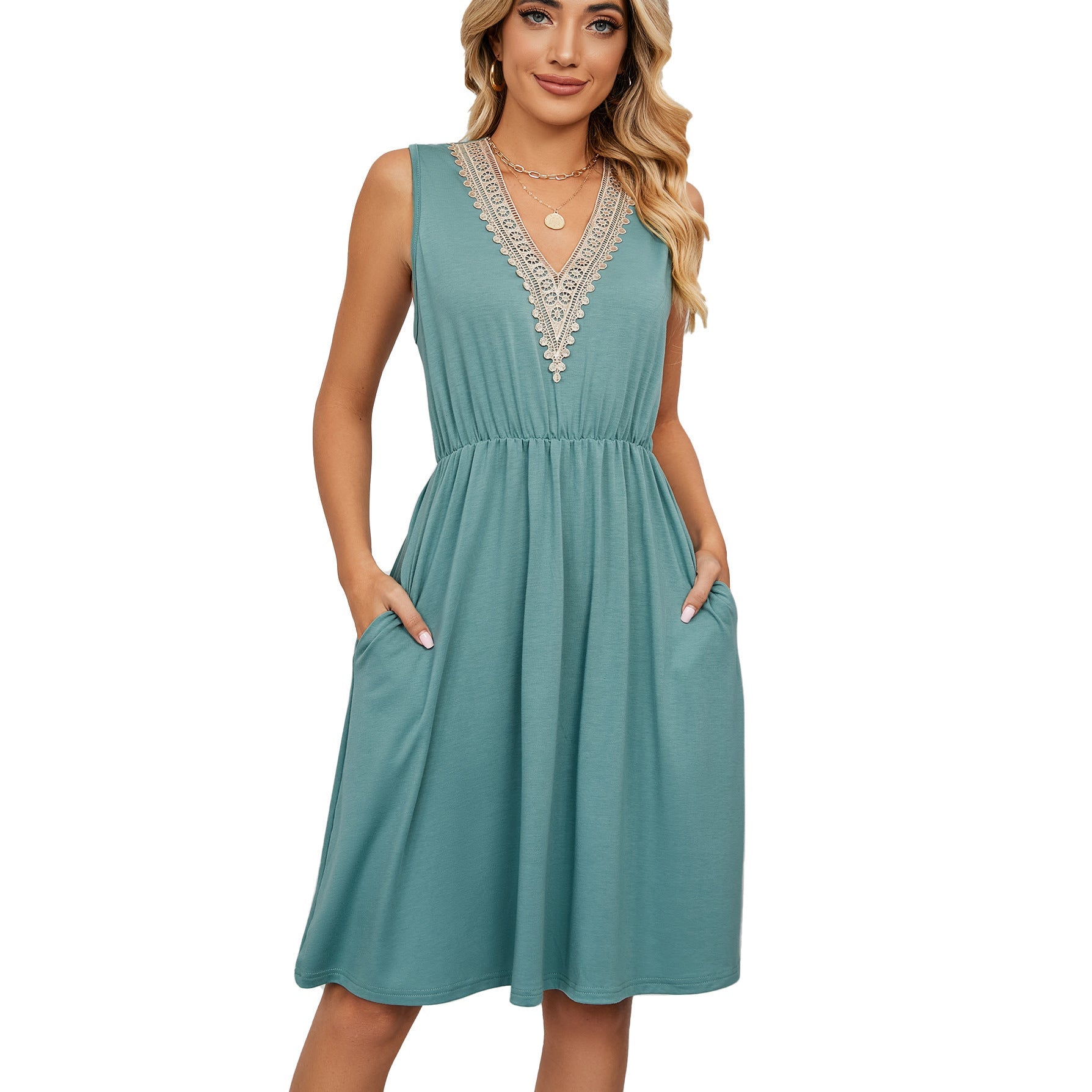 Lace Panel Sleeveless Dresss With Pocket V - neck Dresses For Women – travel - inspired 0 by Aroundtheworldinarush