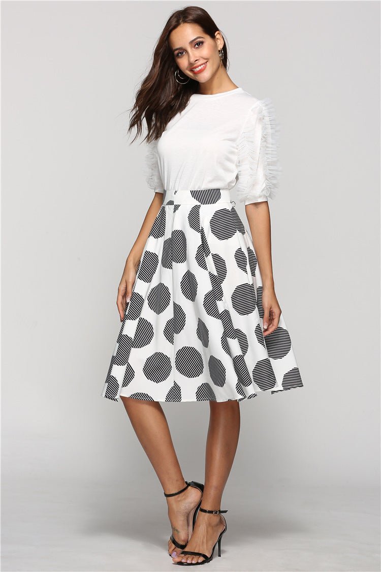 Large Polka Dot Round Slim Fit Mid - Length Skirt With Large Hem – travel - inspired 4 by Aroundtheworldinarush