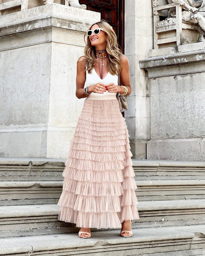 Layered Ruffles Cake Skirt Summer Fashion A Line Swing Mesh Long Skirt Party Dress Women – travel - inspired 0 by Aroundtheworldinarush