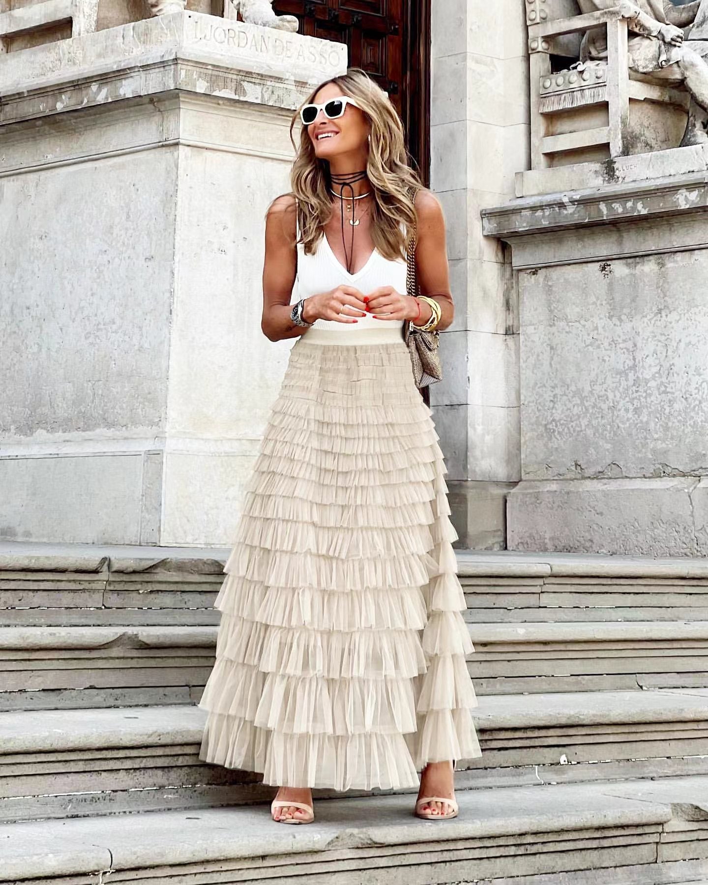 Layered Ruffles Cake Skirt Summer Fashion A Line Swing Mesh Long Skirt Party Dress Women – travel - inspired 0 by Aroundtheworldinarush