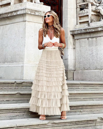 Layered Ruffles Cake Skirt Summer Fashion A Line Swing Mesh Long Skirt Party Dress Women – travel - inspired 0 by Aroundtheworldinarush
