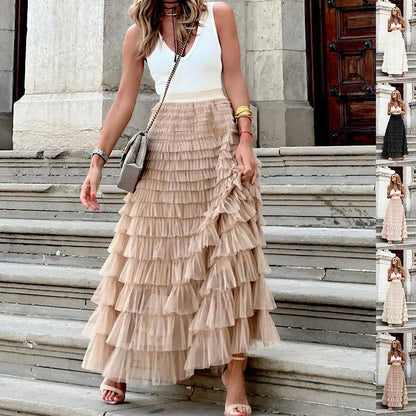 Layered Ruffles Cake Skirt Summer Fashion A Line Swing Mesh Long Skirt Party Dress Women – travel - inspired 0 by Aroundtheworldinarush