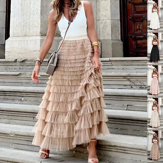 Layered Ruffles Cake Skirt Summer Fashion A Line Swing Mesh Long Skirt Party Dress Women – travel - inspired 0 by Aroundtheworldinarush