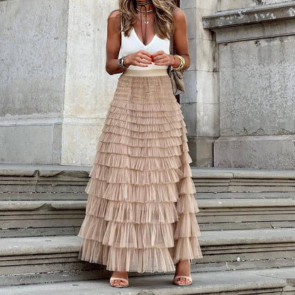 Layered Ruffles Cake Skirt Summer Fashion A Line Swing Mesh Long Skirt Party Dress Women – travel - inspired 0 by Aroundtheworldinarush