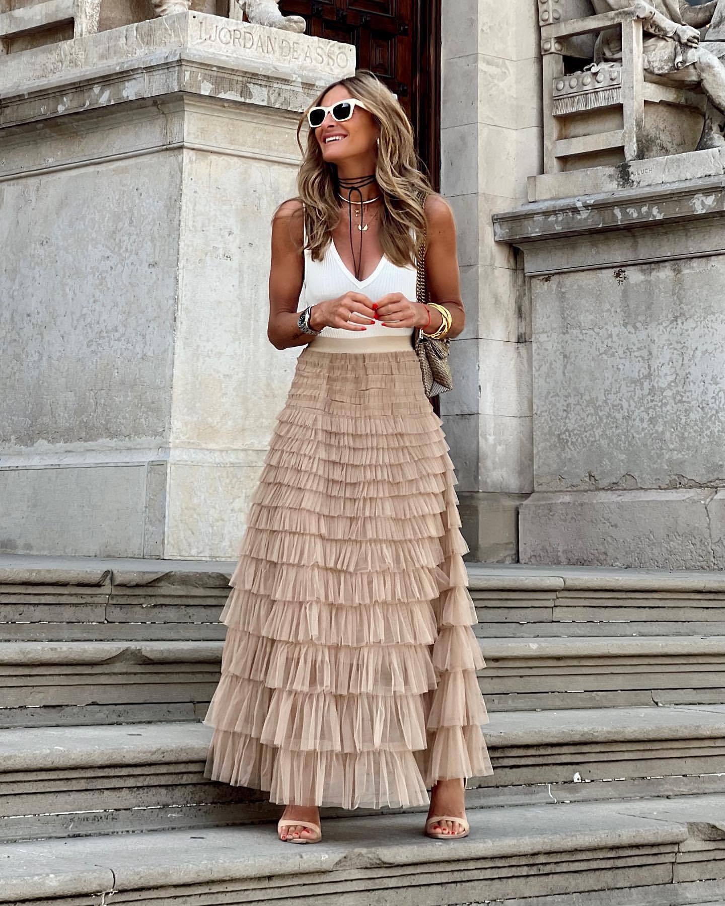 Layered Ruffles Cake Skirt Summer Fashion A Line Swing Mesh Long Skirt Party Dress Women – travel - inspired 0 by Aroundtheworldinarush