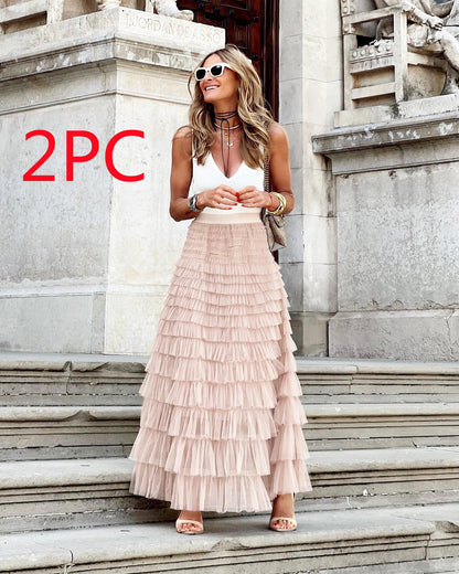 Layered Ruffles Cake Skirt Summer Fashion A Line Swing Mesh Long Skirt Party Dress Women – travel - inspired 0 by Aroundtheworldinarush