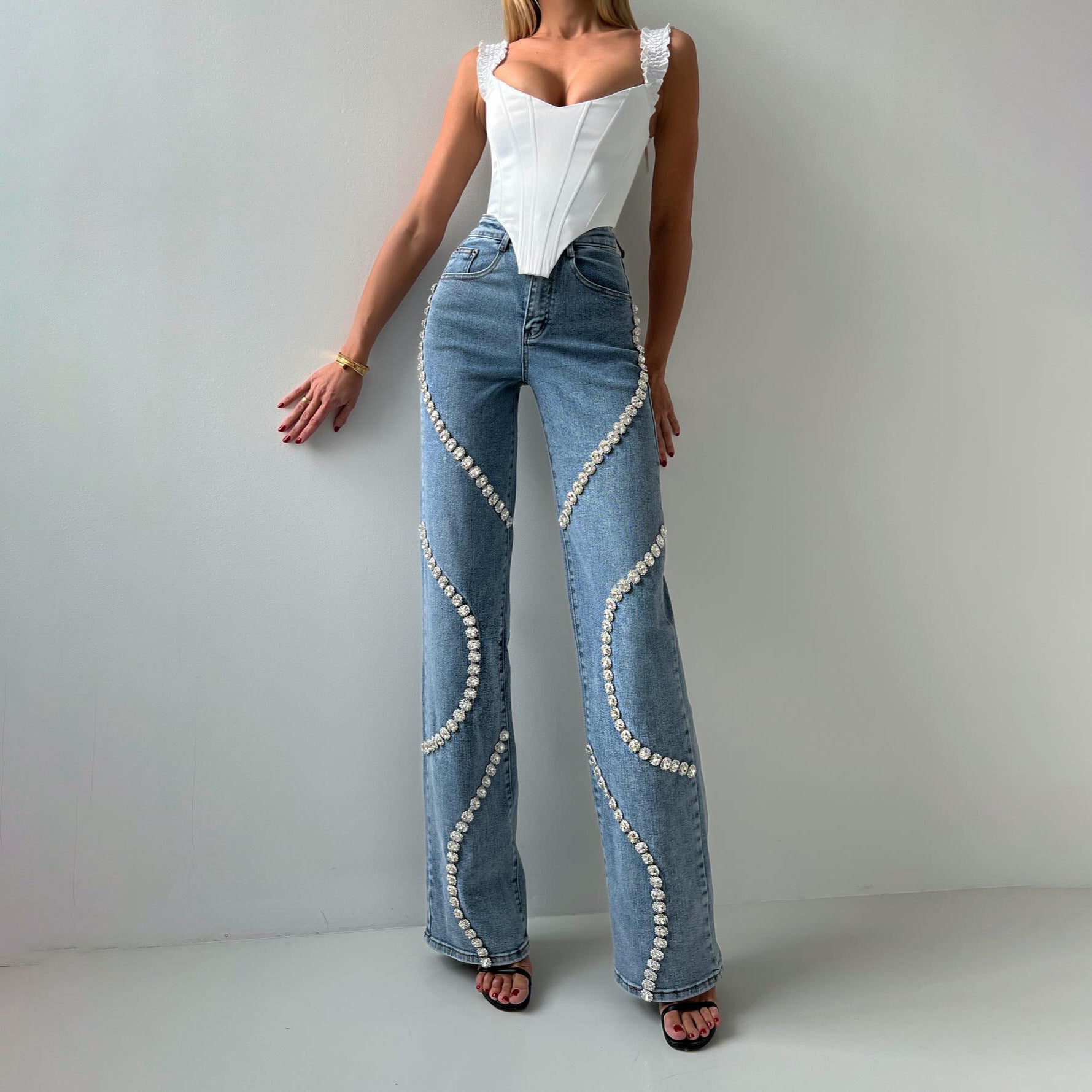 Loose Straight Leg Jeans And Fashionable Casual Pants With A Rhine Stone Denim Design Around Them Suitable For Women – travel - inspired 0 by Aroundtheworldinarush