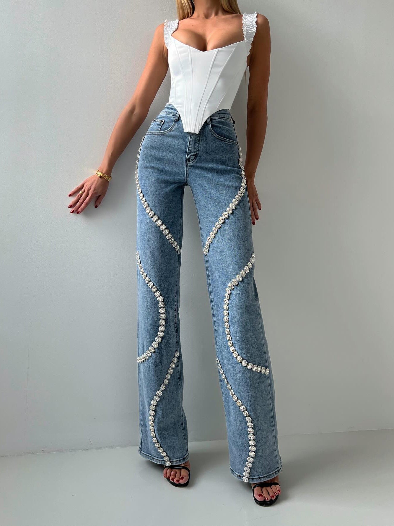 Loose Straight Leg Jeans And Fashionable Casual Pants With A Rhine Stone Denim Design Around Them Suitable For Women – travel - inspired 0 by Aroundtheworldinarush