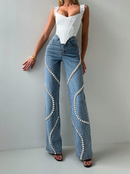 Loose Straight Leg Jeans And Fashionable Casual Pants With A Rhine Stone Denim Design Around Them Suitable For Women – travel - inspired 0 by Aroundtheworldinarush