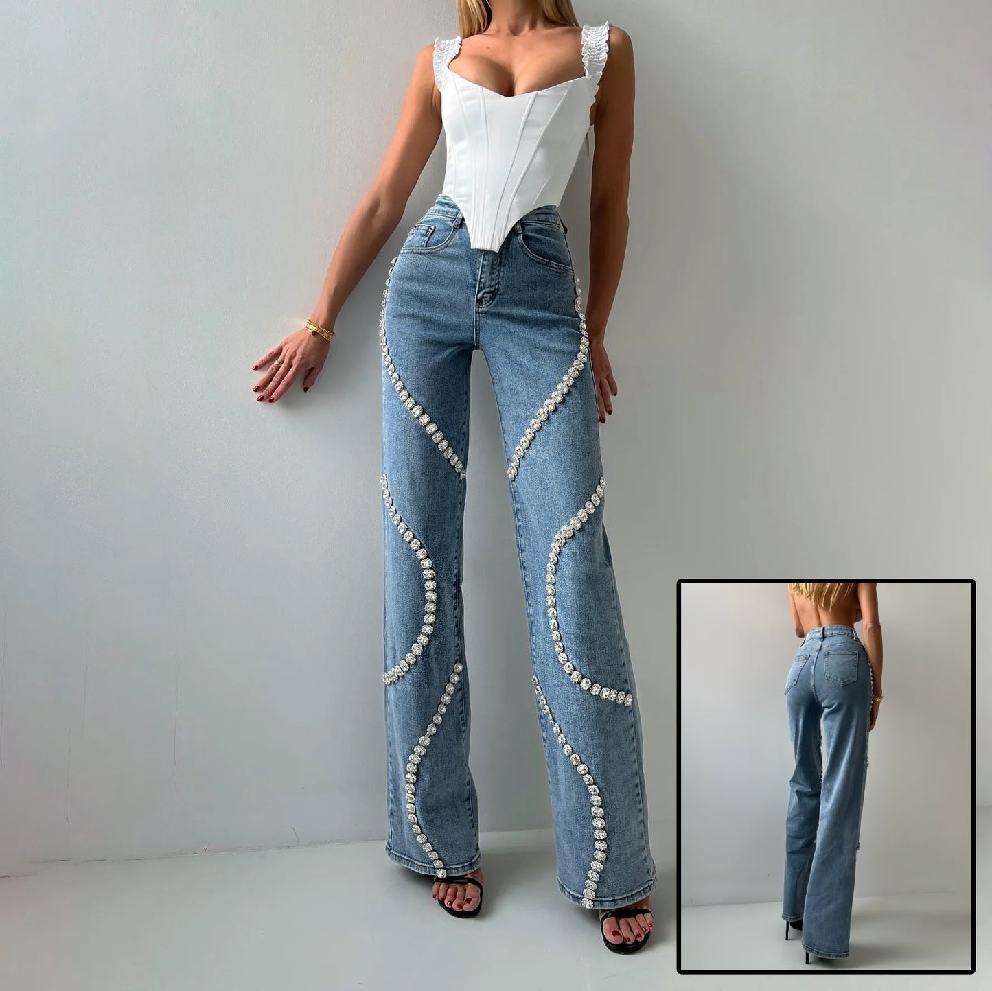 Loose Straight Leg Jeans And Fashionable Casual Pants With A Rhine Stone Denim Design Around Them Suitable For Women – travel - inspired 0 by Aroundtheworldinarush