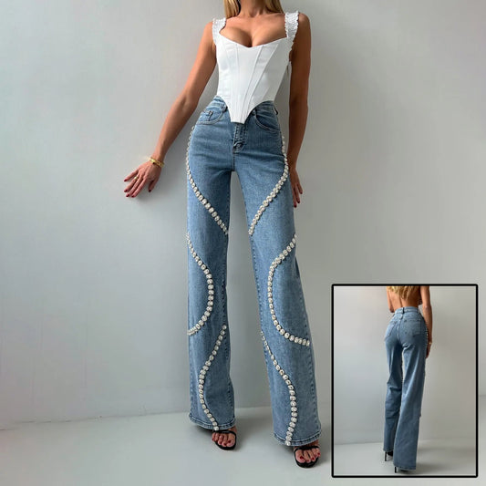 Loose Straight Leg Jeans And Fashionable Casual Pants With A Rhine Stone Denim Design Around Them Suitable For Women – travel - inspired 0 by Aroundtheworldinarush