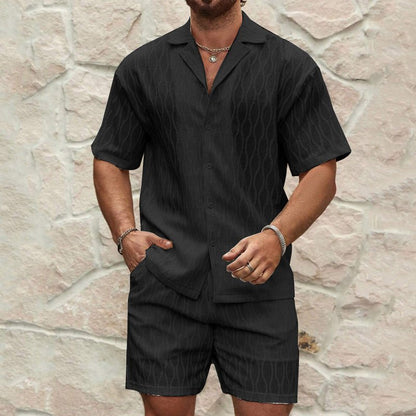 Men Tracksuits Summer Fashion Solid Loose Casual Two Pieces Lapel Button Shirt Shorts Beach Holiday All - match Outfits Male – travel - inspired 0 by Aroundtheworldinarush