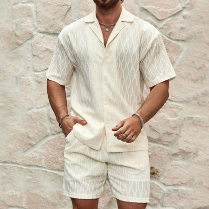 Men Tracksuits Summer Fashion Solid Loose Casual Two Pieces Lapel Button Shirt Shorts Beach Holiday All - match Outfits Male – travel - inspired 0 by Aroundtheworldinarush