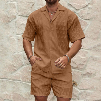 Men Tracksuits Summer Fashion Solid Loose Casual Two Pieces Lapel Button Shirt Shorts Beach Holiday All - match Outfits Male – travel - inspired 0 by Aroundtheworldinarush