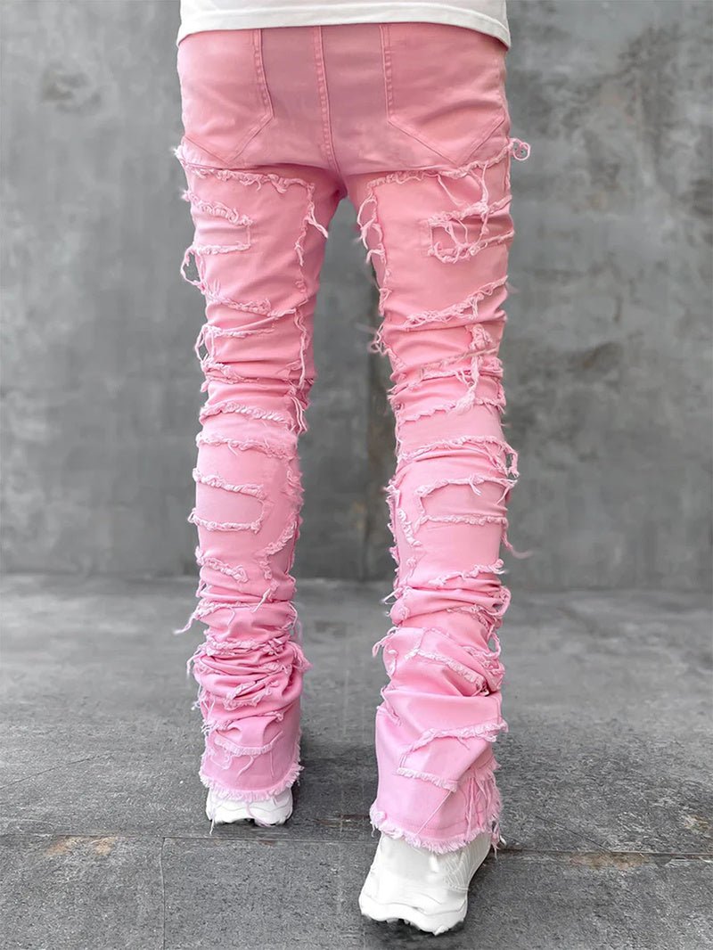 Men Trousers Individual Patched Pants Long Tight Fit Stacked Jeans For Mens Clothing – travel - inspired 4 by Aroundtheworldinarush