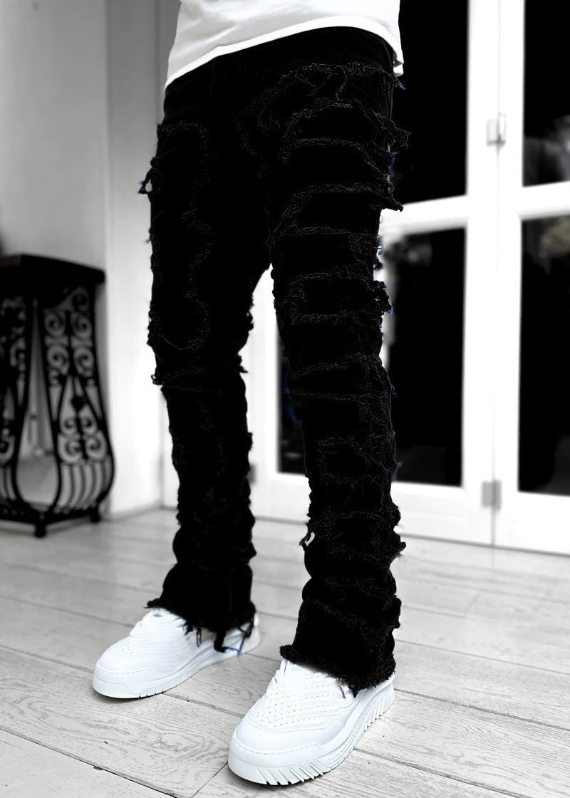Men Trousers Individual Patched Pants Long Tight Fit Stacked Jeans For Mens Clothing – travel - inspired 4 by Aroundtheworldinarush