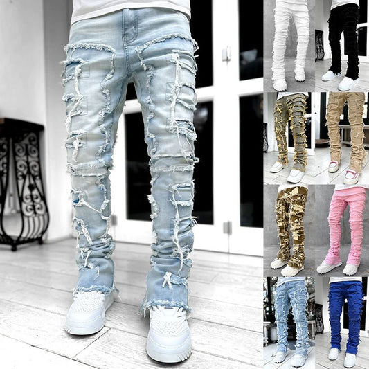 Men Trousers Individual Patched Pants Long Tight Fit Stacked Jeans For Mens Clothing – travel - inspired 4 by Aroundtheworldinarush