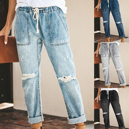 Straight Ripped Jeans For Women Drawstring Trousers With Pockets Fashion Pants – travel - inspired 0 by Aroundtheworldinarush